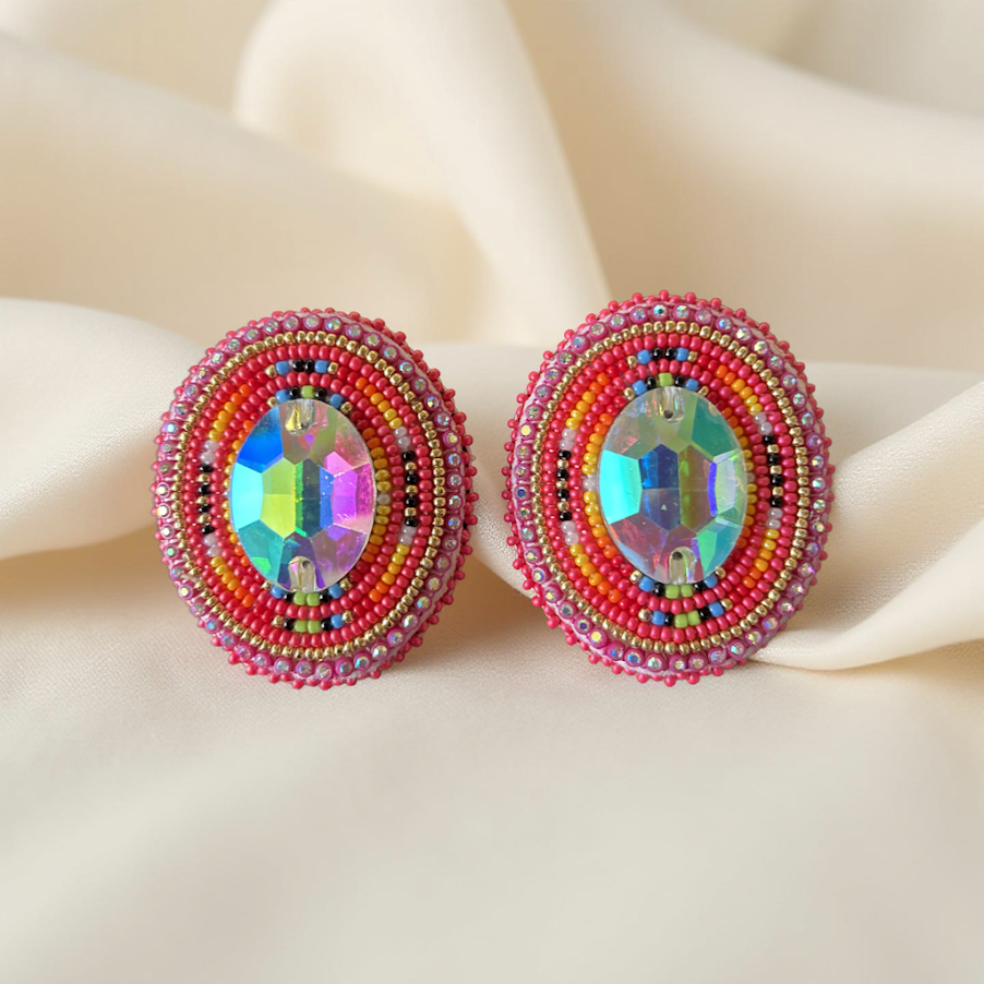 Dk Pink Beaded Earrings Rhinestone Center (Annie Merrill) Maamigin